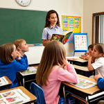 A brightly lit after-school classroom filled with children sitting around a teacher who is animatedly reading a storybook; the children are wide-eyed and captivated, some holding handmade drawings related to the story.