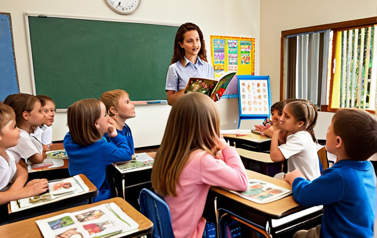 A brightly lit after-school classroom filled with children sitting around a teacher who is animatedly reading a storybook; the children are wide-eyed and captivated, some holding handmade drawings related to the story.