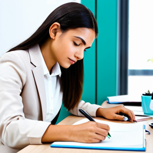 Home 8 A professional female after-school instructor in a modest business casual outfit, sitting at a clean desk with a laptop and notebook, deeply focused on personal reflection and career planning. She is writing notes and reviewing educational materials, symbolizing continuous learning and self-improvement. The setting is a bright, organized classroom or study, indicating a dedicated professional environment. The atmosphere is calm and focused. perfect anatomy, correct proportions, natural pose, well-formed hands, proper finger count, natural body proportions, professional photography, high quality, safe for work, appropriate content, fully clothed, modest, family-friendly.