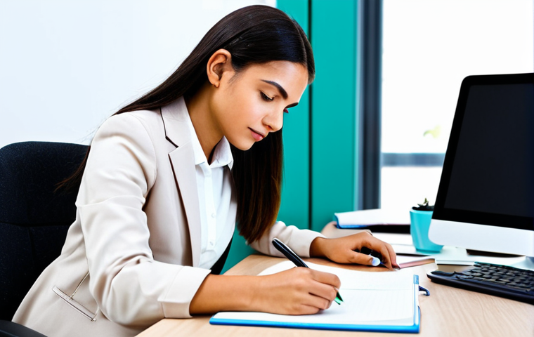 A professional female after-school instructor in a modest business casual outfit, sitting at a clean desk with a laptop and notebook, deeply focused on personal reflection and career planning. She is writing notes and reviewing educational materials, symbolizing continuous learning and self-improvement. The setting is a bright, organized classroom or study, indicating a dedicated professional environment. The atmosphere is calm and focused. perfect anatomy, correct proportions, natural pose, well-formed hands, proper finger count, natural body proportions, professional photography, high quality, safe for work, appropriate content, fully clothed, modest, family-friendly.